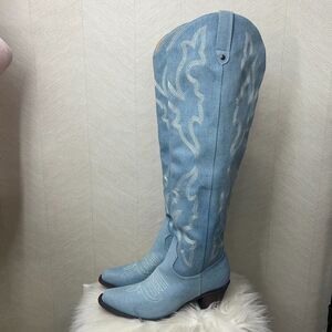 Light Blue Denim Over the Knee Embroidered Cowboy Western Boots Womens Size 9.5